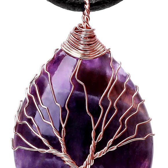 7 Chakra Gemstone Healing Crystals Necklace Copper Wire Wrapped Unisex Leather C - Picture 1 of 6